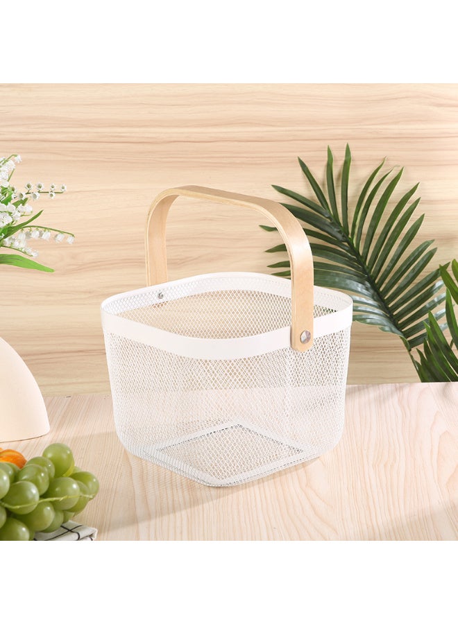 Kawkab White portable storage basket, gift basket, wooden handle storage basket, openwork ventilated household fruit and vegetable basket, outdoor portable vegetable basket, 26x18x25cm. Suitable for snacks, fruits and vegetables, home storage, and supermarket shopping. - Image 1