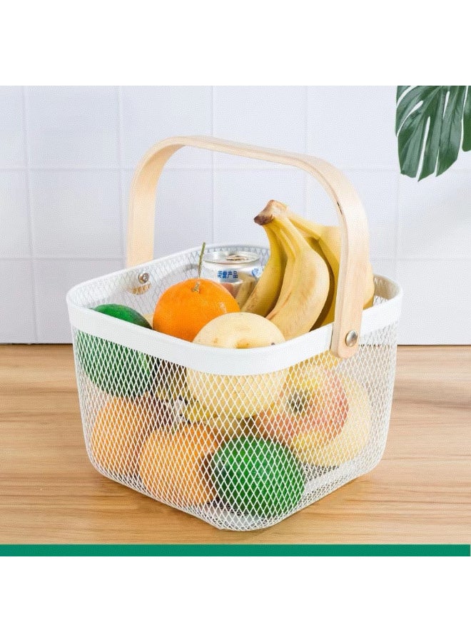 Kawkab White portable storage basket, gift basket, wooden handle storage basket, openwork ventilated household fruit and vegetable basket, outdoor portable vegetable basket, 26x18x25cm. Suitable for snacks, fruits and vegetables, home storage, and supermarket shopping. - Image 4