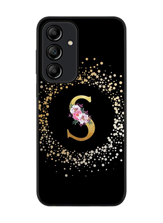 Rugged Black Edge Case for Samsung Galaxy A35, Slim fit Case Thin Cover- Custom Monogram Initial Letter Floral Pattern Alphabet - S (Black)