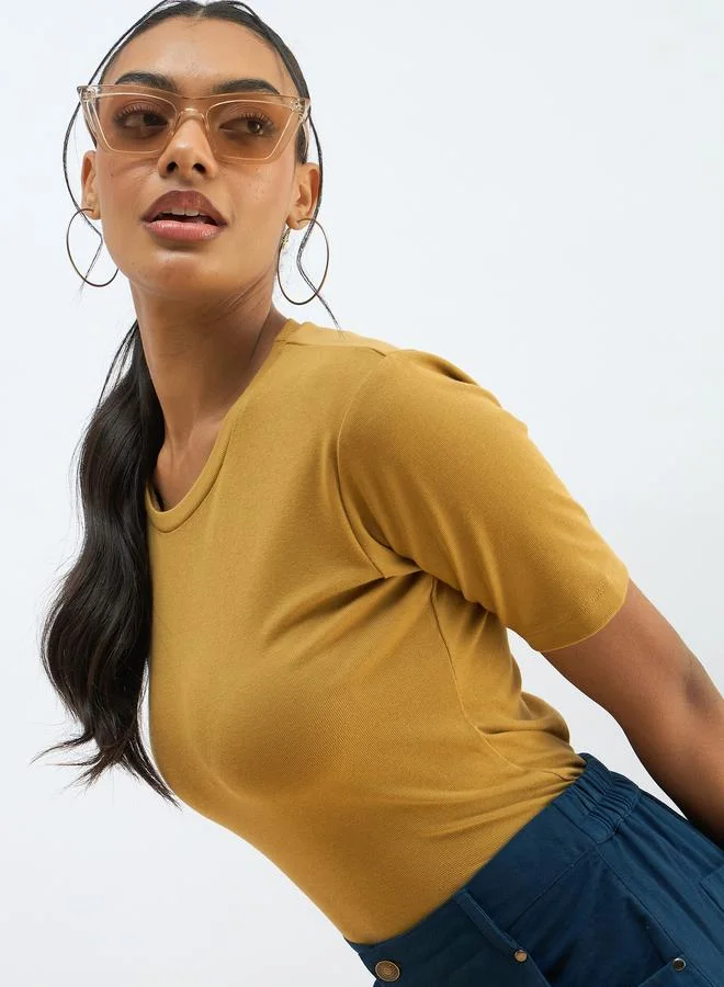 SASSAFRAS Sassafras Women Khaki Ribbed Short Sleeves Top
