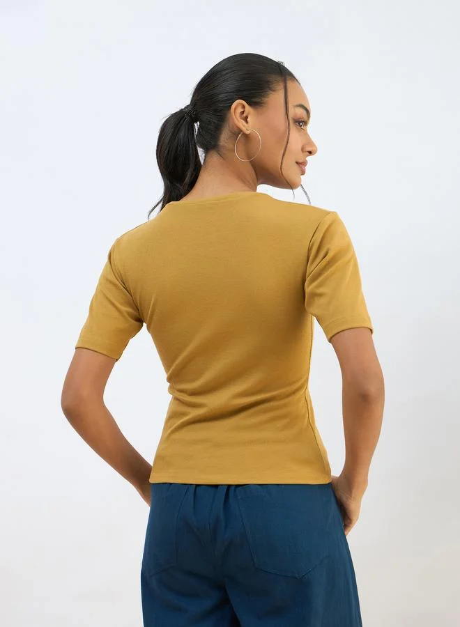 SASSAFRAS Sassafras Women Khaki Ribbed Short Sleeves Top