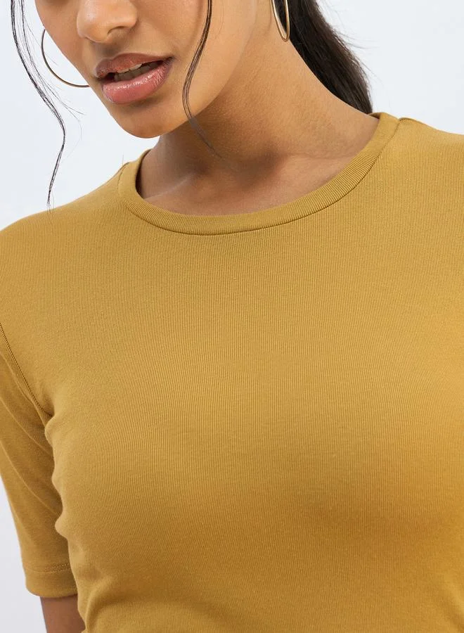 SASSAFRAS Sassafras Women Khaki Ribbed Short Sleeves Top