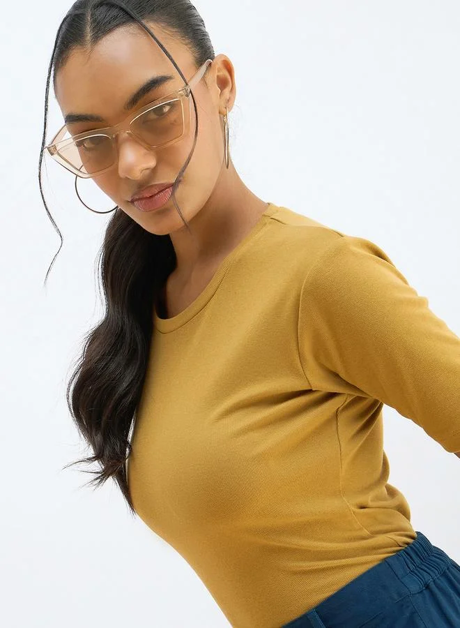 SASSAFRAS Sassafras Women Khaki Ribbed Short Sleeves Top