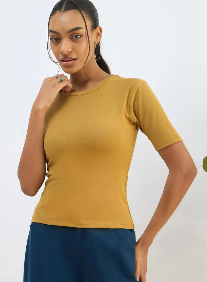 SASSAFRAS Women Khaki Ribbed Short Sleeves Top