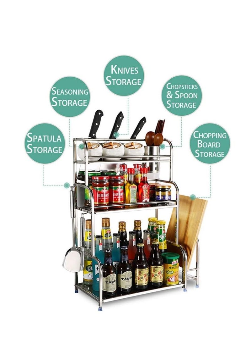 3-Tier Spice Rack Organizer, Kitchen Countertop Storage Rack, Kitchen Organizer Shelf with 6 Hooks for Spice Cans, Sauce Jars, Seasoning Bottles, Kitchen Accessories (Silver) - Image 5