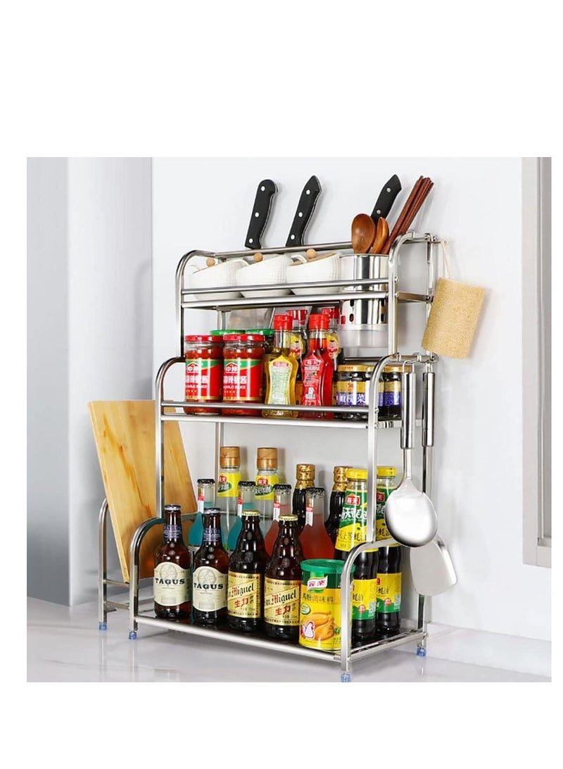 3-Tier Spice Rack Organizer, Kitchen Countertop Storage Rack, Kitchen Organizer Shelf with 6 Hooks for Spice Cans, Sauce Jars, Seasoning Bottles, Kitchen Accessories (Silver) - Image 1