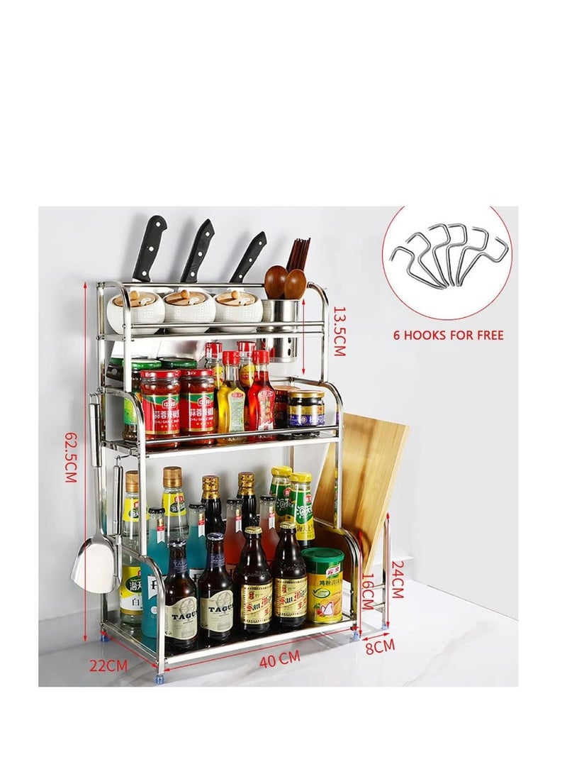 3-Tier Spice Rack Organizer, Kitchen Countertop Storage Rack, Kitchen Organizer Shelf with 6 Hooks for Spice Cans, Sauce Jars, Seasoning Bottles, Kitchen Accessories (Silver) - Image 2