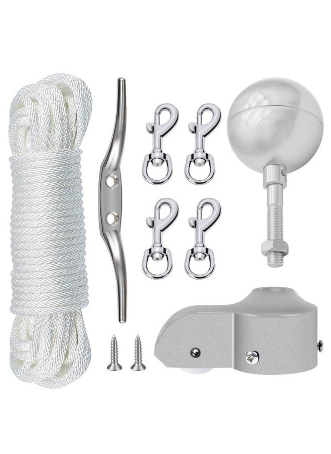 NQ NQ Flagpole Hardware Repair Parts Kit,50 Feet Halyard Rope+3" Silver Ball+6" Zinc Alloy Cleat+4 Metal Swivel Snap Clips+Aluminum Alloy Flagpole Truck with Nylon Pulley for 1.6"-2" Flag Poles  - Image 1