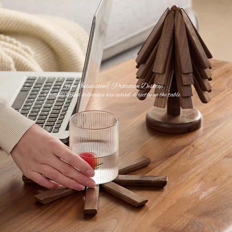 DEOLD Trivets for Hot Dishes - Tree Washer Set, Wooden Pinwheel Coaster Set with Stand for Easy Storage - for Fondue pots, Pans, Bowls, teapots, Warming Trays - Versatile Decorations (A Walnut 4 pcs) - Image 5