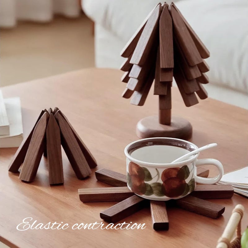 DEOLD Trivets for Hot Dishes - Tree Washer Set, Wooden Pinwheel Coaster Set with Stand for Easy Storage - for Fondue pots, Pans, Bowls, teapots, Warming Trays - Versatile Decorations (A Walnut 4 pcs) - Image 4