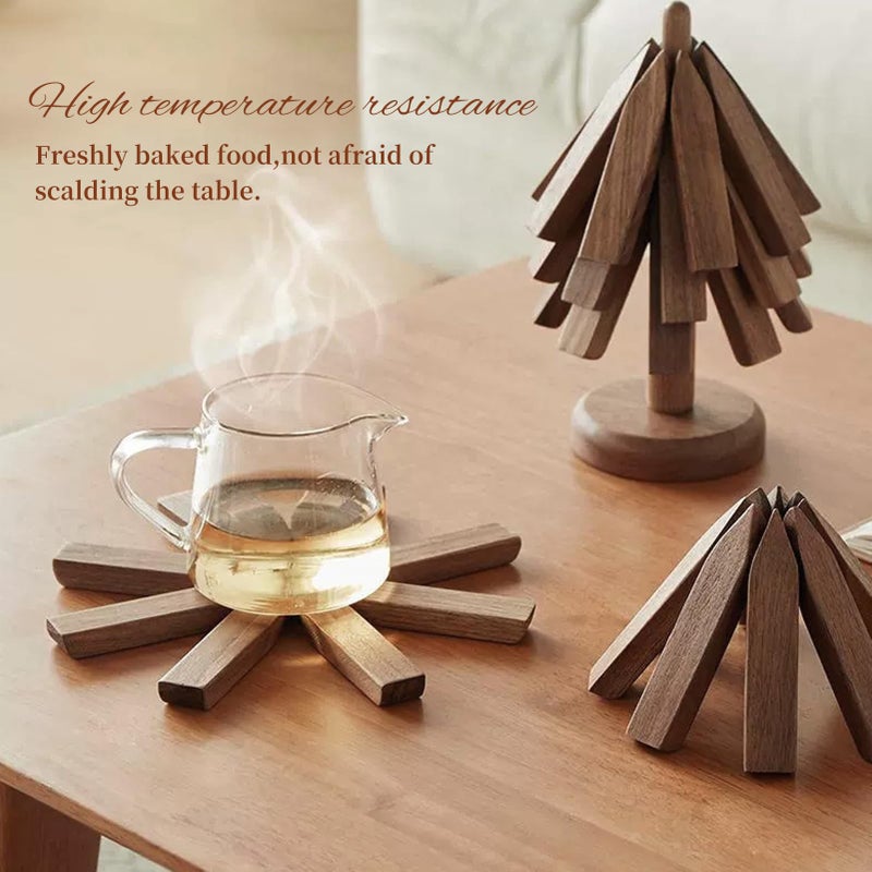 DEOLD Trivets for Hot Dishes - Tree Washer Set, Wooden Pinwheel Coaster Set with Stand for Easy Storage - for Fondue pots, Pans, Bowls, teapots, Warming Trays - Versatile Decorations (A Walnut 4 pcs) - Image 2