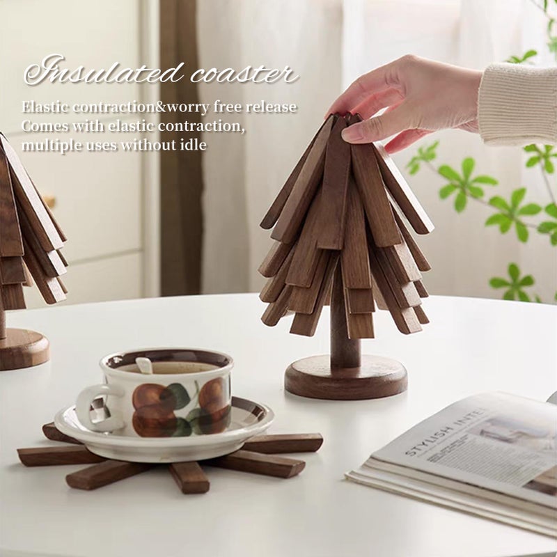 DEOLD Trivets for Hot Dishes - Tree Washer Set, Wooden Pinwheel Coaster Set with Stand for Easy Storage - for Fondue pots, Pans, Bowls, teapots, Warming Trays - Versatile Decorations (A Walnut 4 pcs) - Image 3