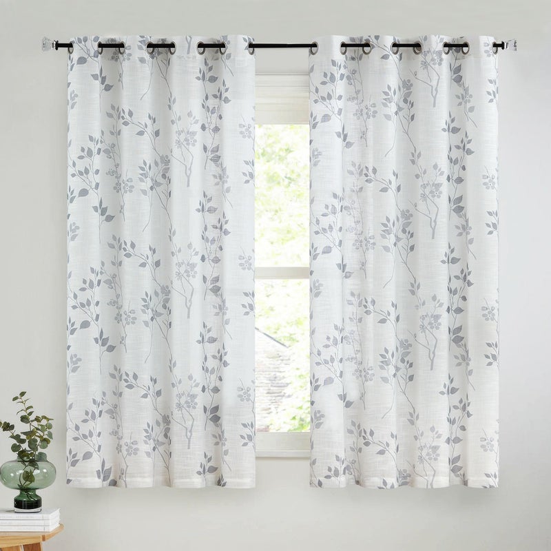 Beauoop Floral Linen Semi Sheer Curtains 63 Inch Length 2 Panels for Living Room Bedroom Grey Farmhouse Flower Patterned Light Filtering Textured Grommet Top Window Treatments Drapes, 50x63 2 Set - Image 1