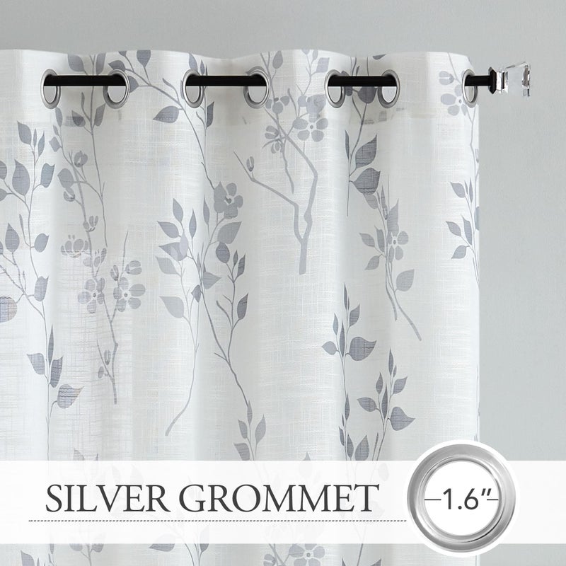 Beauoop Floral Linen Semi Sheer Curtains 63 Inch Length 2 Panels for Living Room Bedroom Grey Farmhouse Flower Patterned Light Filtering Textured Grommet Top Window Treatments Drapes, 50x63 2 Set - Image 2