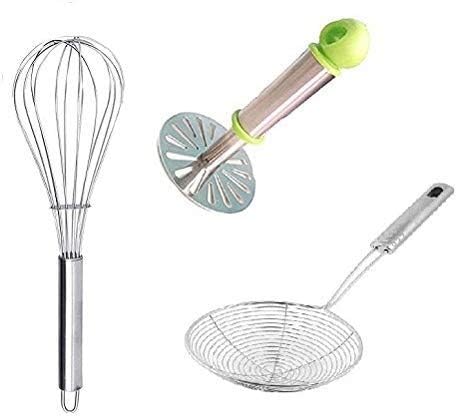 Vipron Kitchen Stainless Steel deep Fry Strainer Potato Masher Whisk Combo of 3 Piece multocolor CUTLERYCOMBO3 - Image 1