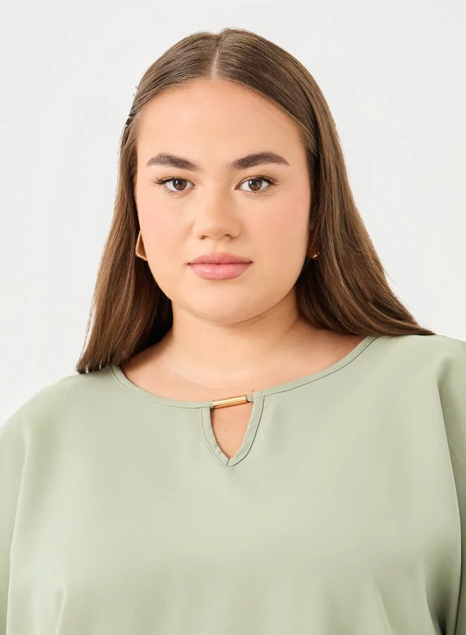 Styli Plus Green Blouse with Keyhole Neck