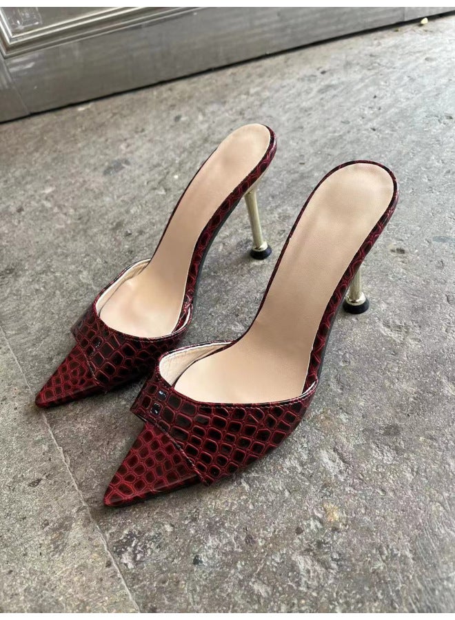 New European And American Snakeskin Pointed Stiletto Heel Sandals Simple Solid Color Plus Size Banquet Shoes