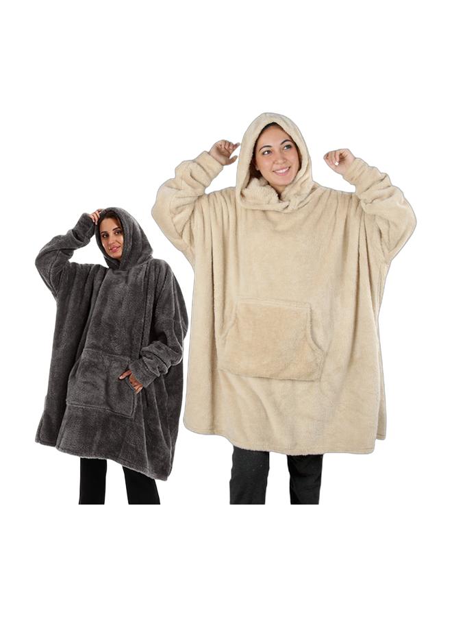 snooze Set of 2 pcs, Over-sized Wearable Blanket with Hodi, Gray & Biege - Image 1