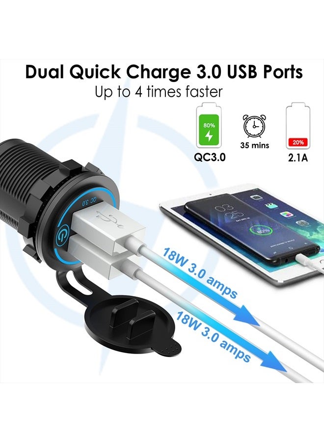 Qidoe [2 Pack] 12V USB Outlet, Quick Charge 3.0 Dual USB Power Outlet with Touch Switch, Waterproof 12V/24V Fast Charge USB Charger Socket DIY Kit for Car Boat Marine Bus Truck Golf Cart RV Motorcycle, etc. - Image 2