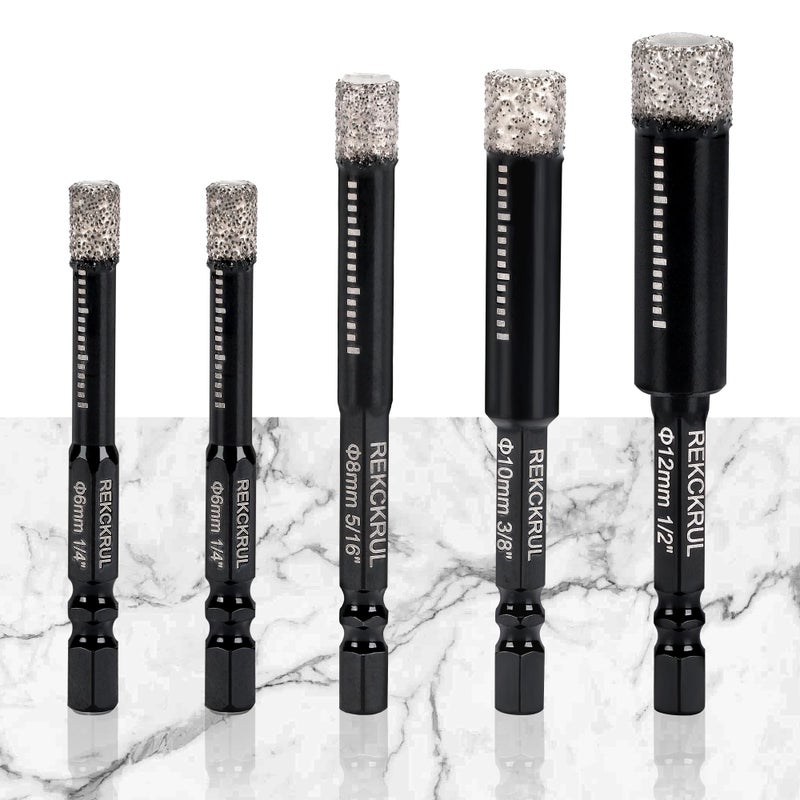 REKCKRUL 5-Pack Diamond Drill Bits Set, 1/4 5/16 3/8 1/2 Inch Diamond Hole Saw â€“ 1/4 Hex Shank Core Drill Bits for Ceramic, Tile, Glass, Granite, Marble, Brick & Stone, 6/8/10/12mm - Image 1
