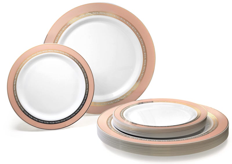 OCCASIONS FINEST PLA "" OCCASIONS "" 50 Plates Pack (25 Guests)-Heavyweight Wedding Party Disposable Plastic Plate Set -25 x 10.5'' Dinner + 25 x 7.5'' Salad/dessert plates (Ritz Blush and Gold) - Image 1