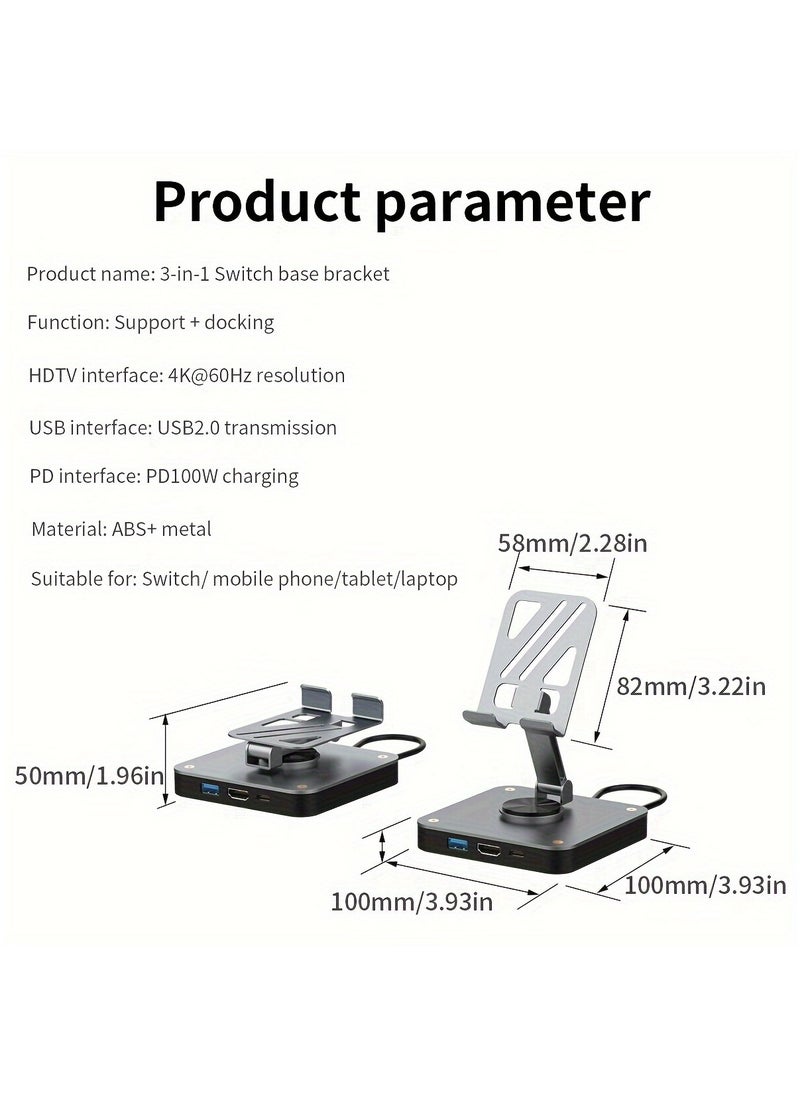 3-in-1 Docking Station, USB-C Hub, Switch Dock With Rotatable Folding Stand, With 4K@60 Hz HD, USB2.0(480Mbps), PD 100W Fast Charging Port, Perfect For iPad Pro/Air, Switch, Switch OLED, SmartPhone
