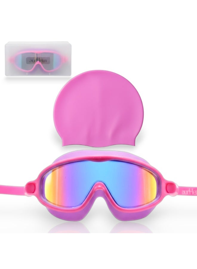 Aurheim Swimming Goggles for Kids with head cap Pool Goggles No Leaking Anti Fog UV Protection Waterproof Wide Frame PINK - Image 1