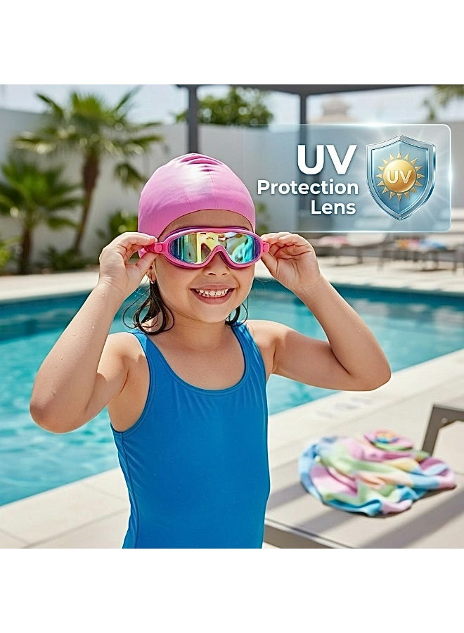 Aurheim Swimming Goggles for Kids with head cap Pool Goggles No Leaking Anti Fog UV Protection Waterproof Wide Frame PINK - Image 2