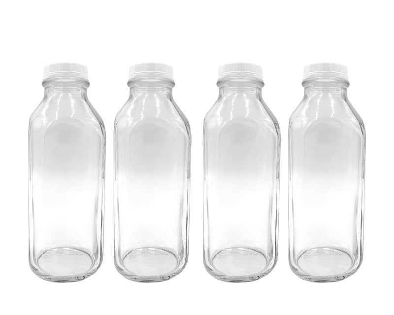 The Dairy Shoppe The Dairy Shoppe 1 Ltr Glass Milk Bottle with Cap 4 Pack Square Style 338 Oz 