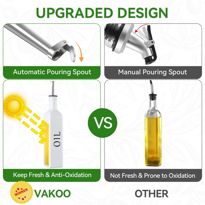 Vakoo Oil and Vinegar Dispenser Set - 17oz/500ml, Extra Thick Glass, Leak-Proof, Olive Oil Dispenser Bottle for Kitchen (White Black) - Image 3