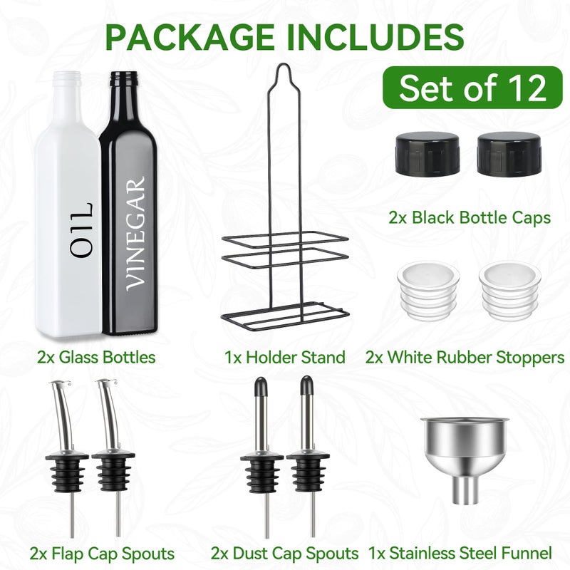 Vakoo Oil and Vinegar Dispenser Set - 17oz/500ml, Extra Thick Glass, Leak-Proof, Olive Oil Dispenser Bottle for Kitchen (White Black) - Image 2