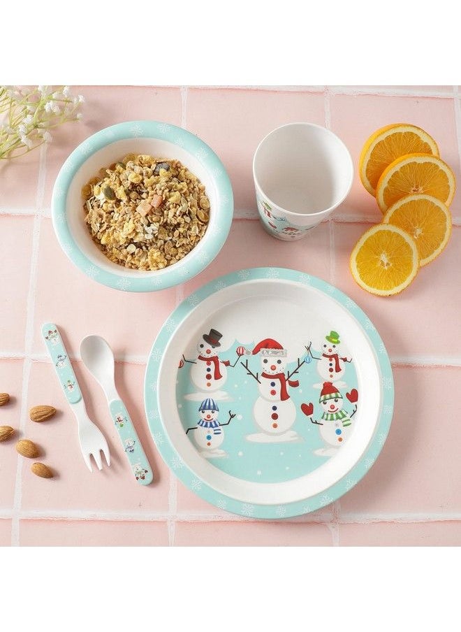 VoiDrop - Baby Tableware Toddler;Kids Self Feeding Baby Melamine Kids Set 5 Pieces (1 X Plate 1 X Bowl 1 X Glass 1 X Spoon 1 X Fork) Snow Man Design - Image 1