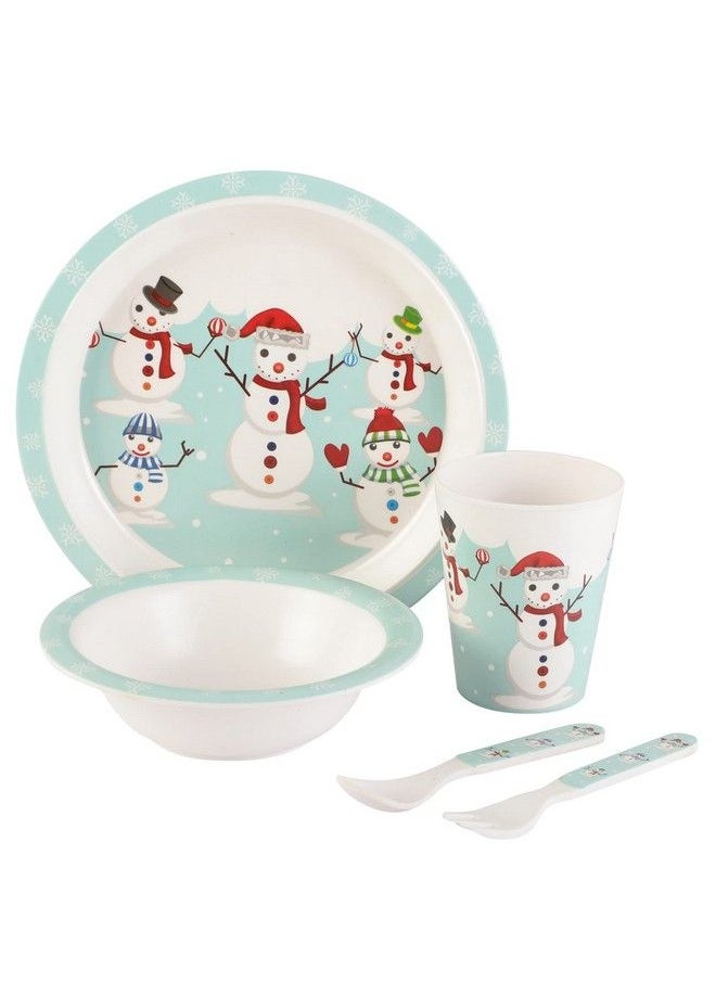VoiDrop - Baby Tableware Toddler;Kids Self Feeding Baby Melamine Kids Set 5 Pieces (1 X Plate 1 X Bowl 1 X Glass 1 X Spoon 1 X Fork) Snow Man Design - Image 1