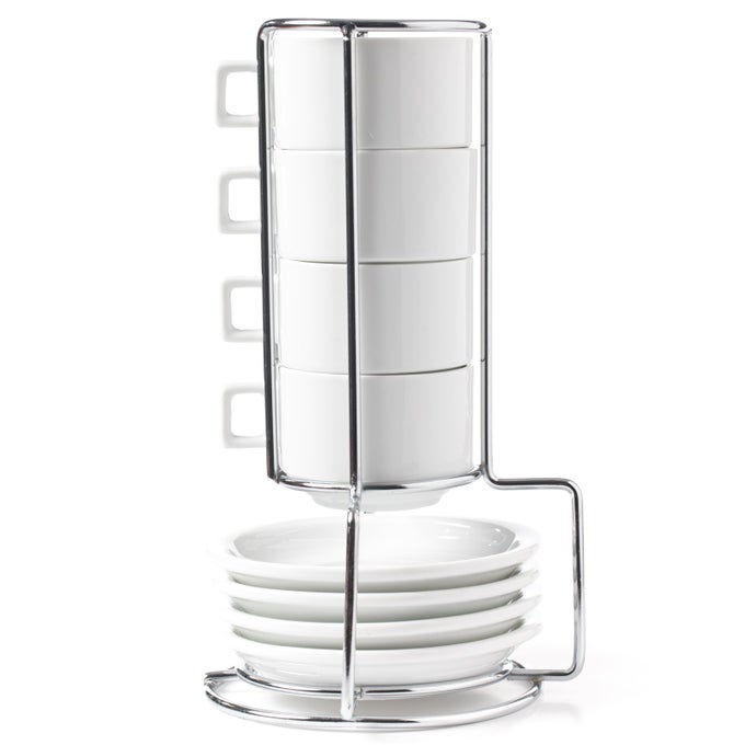 STACKABLE PORCELAIN 32 OZ ESPRESSO TURKISH COFFEE CUPS AND SAUCER SET WITH CHROME RACK 9 PIECE SET 1