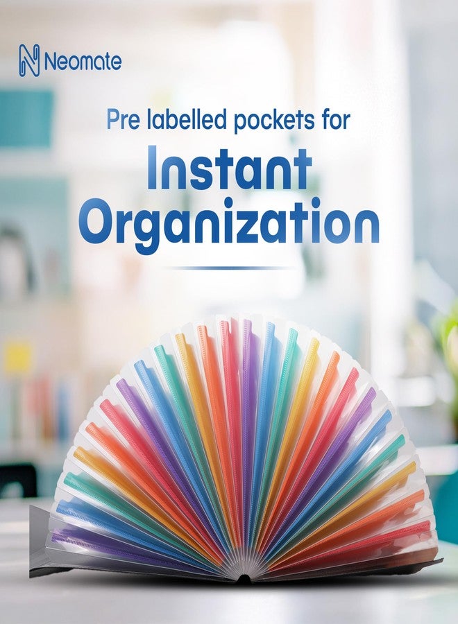Neomate منظم ملفات نيوميت قابل للتوسيع بـ ٢٤ جيبًا | مجلد أكورديون بحجم A4/Letter مع مشبك قابل للتعديل | منظم مستندات محمول للمدرسة والمنزل والمكتب | يتضمن ملصقات (٣٣ × ٢٤ سم) متعدد الألوان - Image 3
