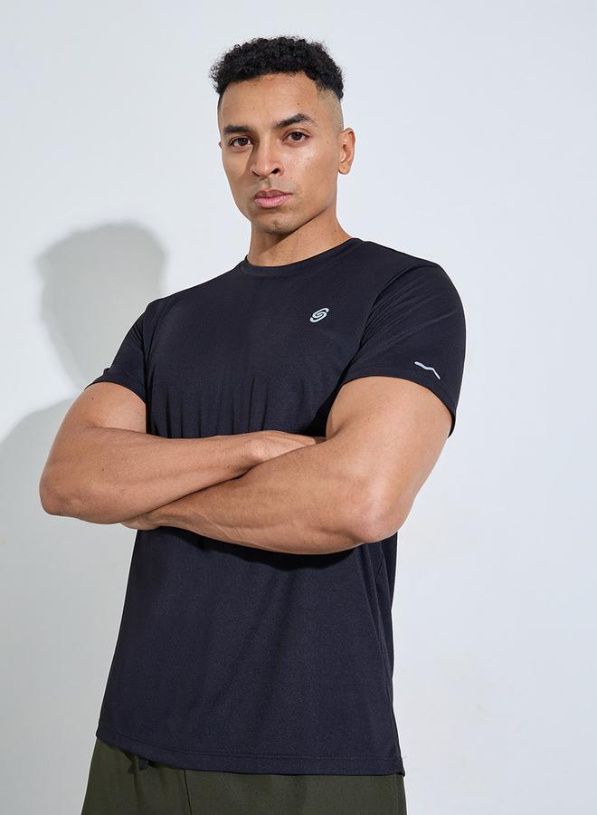 Styli Black Regular Fit Activewear T-Shirt with Front and back Reflector Print - Image 1