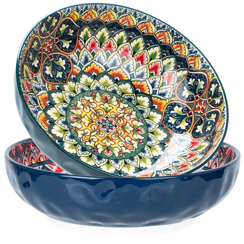 Ronanemon 75 Oz Serving Bowls,Bohemian Style Large Porcelain Dishes for Entertaining Parties,Big Bowls for Eating Soup, Salad, Pasta, Fruit, Chips, 10.3 Inch Diameter (blue.green) - Image 1