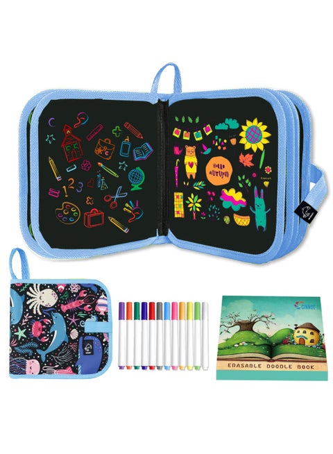 طفل قابل للمسح خربش كتاب للأطفال الصغار لعبة نشطة قابلة لإعادة الاستخدام 12 ألوان مائية فرشاة الرسم المجلس ، مرحلة ما قبل المدرسة السفر لعبة الفن ، الطريق السريع السفر لعبة السيارات كتابة اللوحة مجموعة ( عالم البحار )