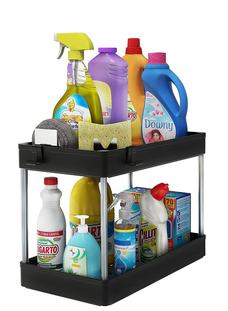 MIXDE Under Sink Organizer, Under Bathroom Sink Storage 2 Tier Organizer Bath Collection Baskets with Hooks, Multi-purpose Under Sink Storage for Bathroom Kitchen (Black) Brand: MIXDE - Image 1