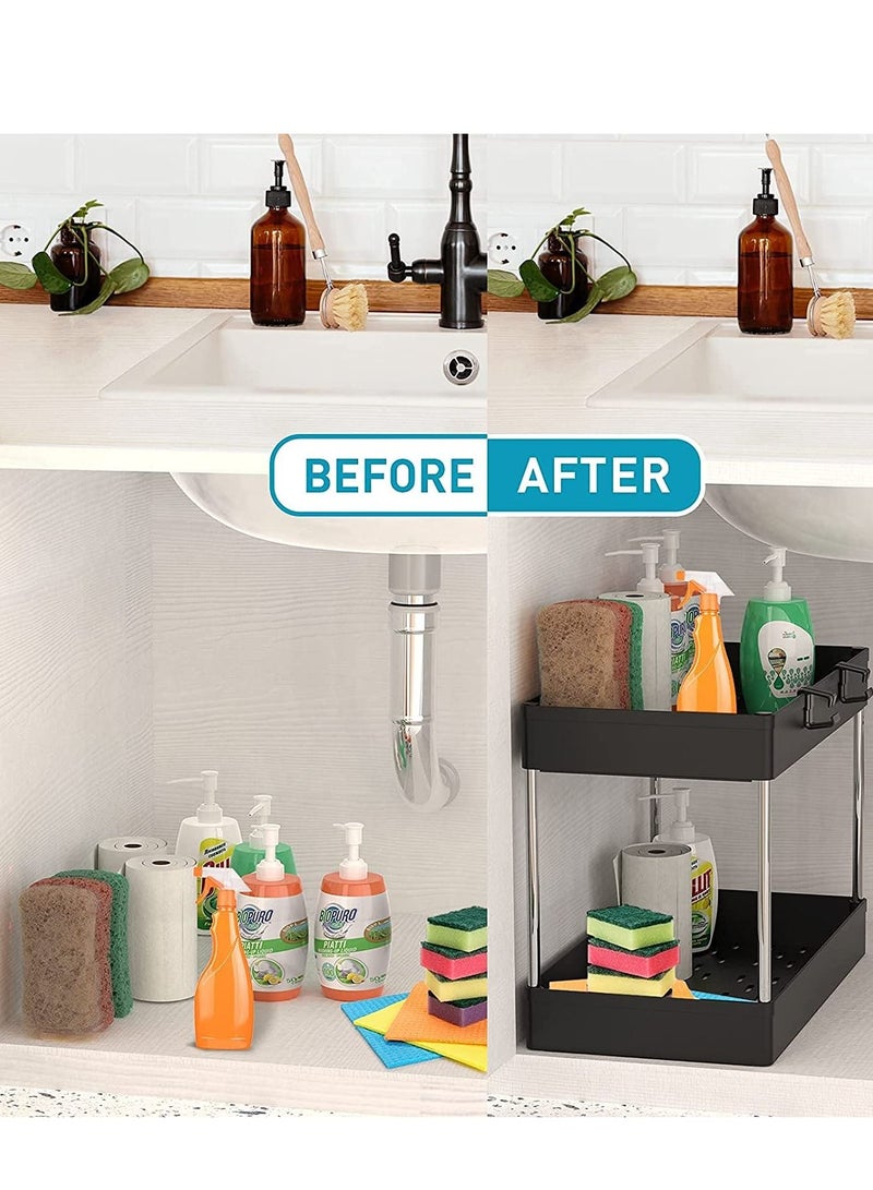 MIXDE Under Sink Organizer, Under Bathroom Sink Storage 2 Tier Organizer Bath Collection Baskets with Hooks, Multi-purpose Under Sink Storage for Bathroom Kitchen (Black) Brand: MIXDE - Image 4
