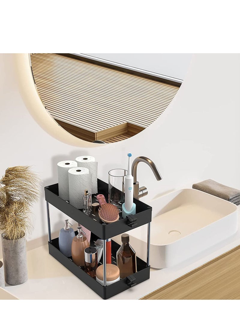 MIXDE Under Sink Organizer, Under Bathroom Sink Storage 2 Tier Organizer Bath Collection Baskets with Hooks, Multi-purpose Under Sink Storage for Bathroom Kitchen (Black) Brand: MIXDE - Image 3