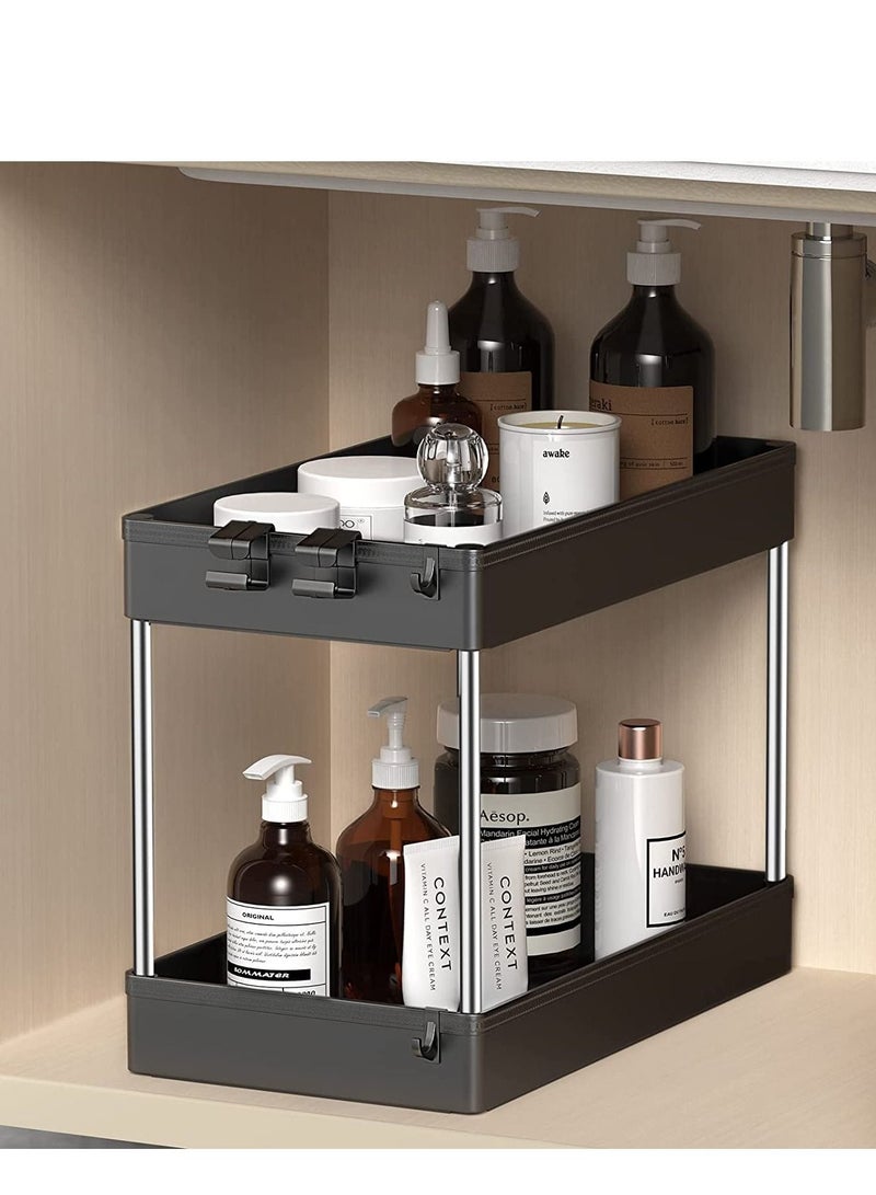 MIXDE Under Sink Organizer, Under Bathroom Sink Storage 2 Tier Organizer Bath Collection Baskets with Hooks, Multi-purpose Under Sink Storage for Bathroom Kitchen (Black) Brand: MIXDE - Image 2