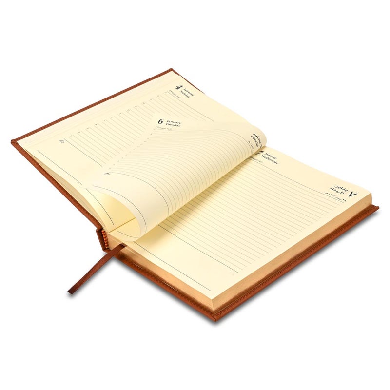 FIS مفكرة FIS 2026 الذهبية A5، 148x210 مم، غلاف إيطالي PU مبطن من جانب واحد، حواف مطلية بالذهب وغلاف مخيط، عربي/إنجليزي، ورق عاجي إيطالي 70 جرام، غلاف بني - FSDI26AEG26BR - Image 4