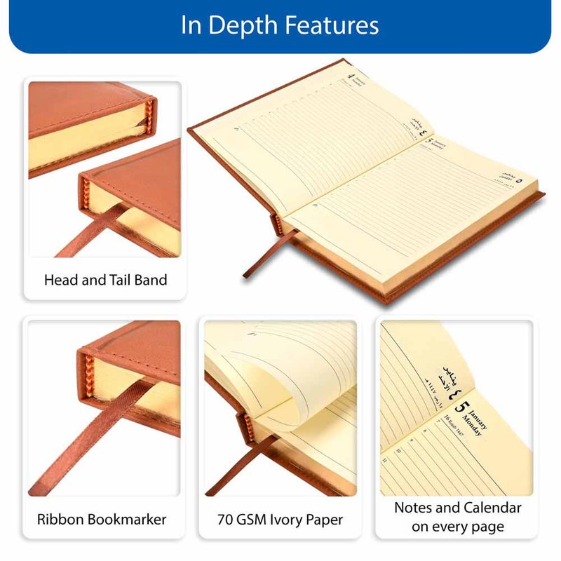 FIS مفكرة FIS 2026 الذهبية A5، 148x210 مم، غلاف إيطالي PU مبطن من جانب واحد، حواف مطلية بالذهب وغلاف مخيط، عربي/إنجليزي، ورق عاجي إيطالي 70 جرام، غلاف بني - FSDI26AEG26BR - Image 5