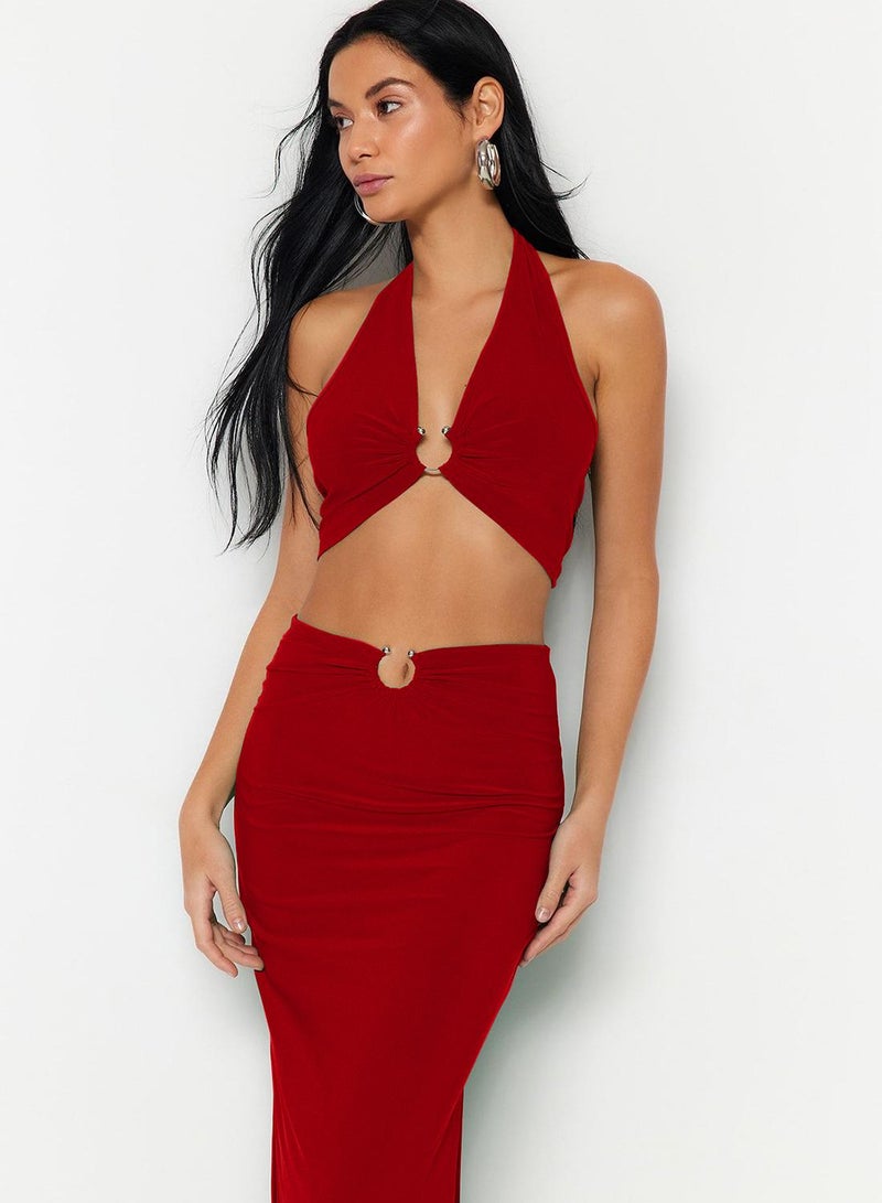 trendyol طقم بلوزة وتنورة شاطئية بتفاصيل إكسسوار محبوك باللون الأحمر Tbess23Au00084 - Image 1