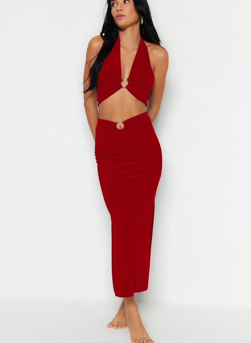 trendyol طقم بلوزة وتنورة شاطئية بتفاصيل إكسسوار محبوك باللون الأحمر Tbess23Au00084 - Image 2