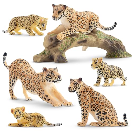 Toymany 7PCS Leopards Figurines with Leopards Cub and Tree Trunk Realistic Jungle Animals Figures Family Playset Educational Toy Cake Toppers - Image 1