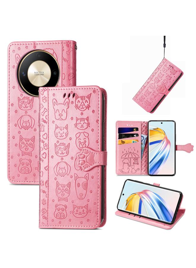 اس-توب جراب هاتف Honor X9b من الجلد المنقوش بنقشة قطة وكلب - Image 1