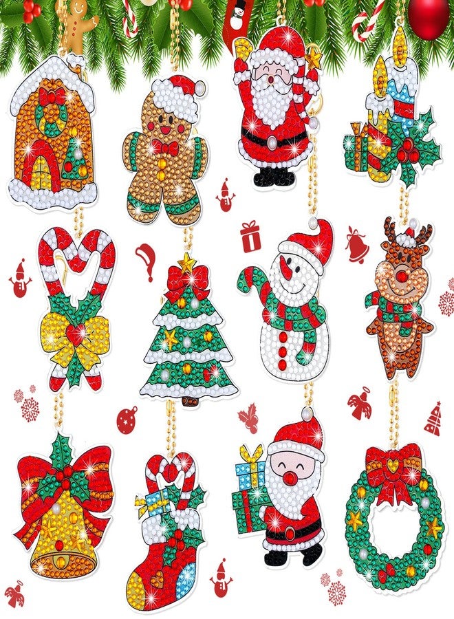 Junkin 12 Pieces Christmas Diamond Painting Keychain 5D DIY Diamond Painting Kit Christmas Hanging Art Kits Ornaments for Kids Crafts Family Decor - Image 1