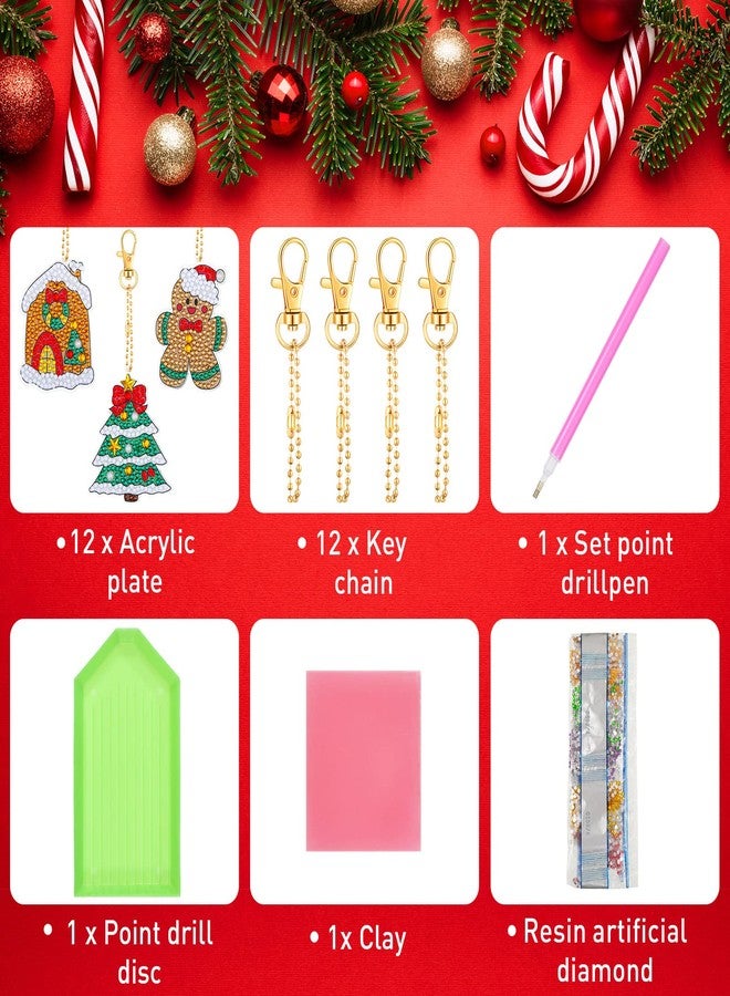 Junkin 12 Pieces Christmas Diamond Painting Keychain 5D DIY Diamond Painting Kit Christmas Hanging Art Kits Ornaments for Kids Crafts Family Decor - Image 4